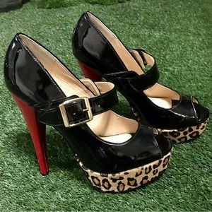 Steve Madden Leopard / Red / Black Platform Heels Peep Toe Mary Jane Strappy